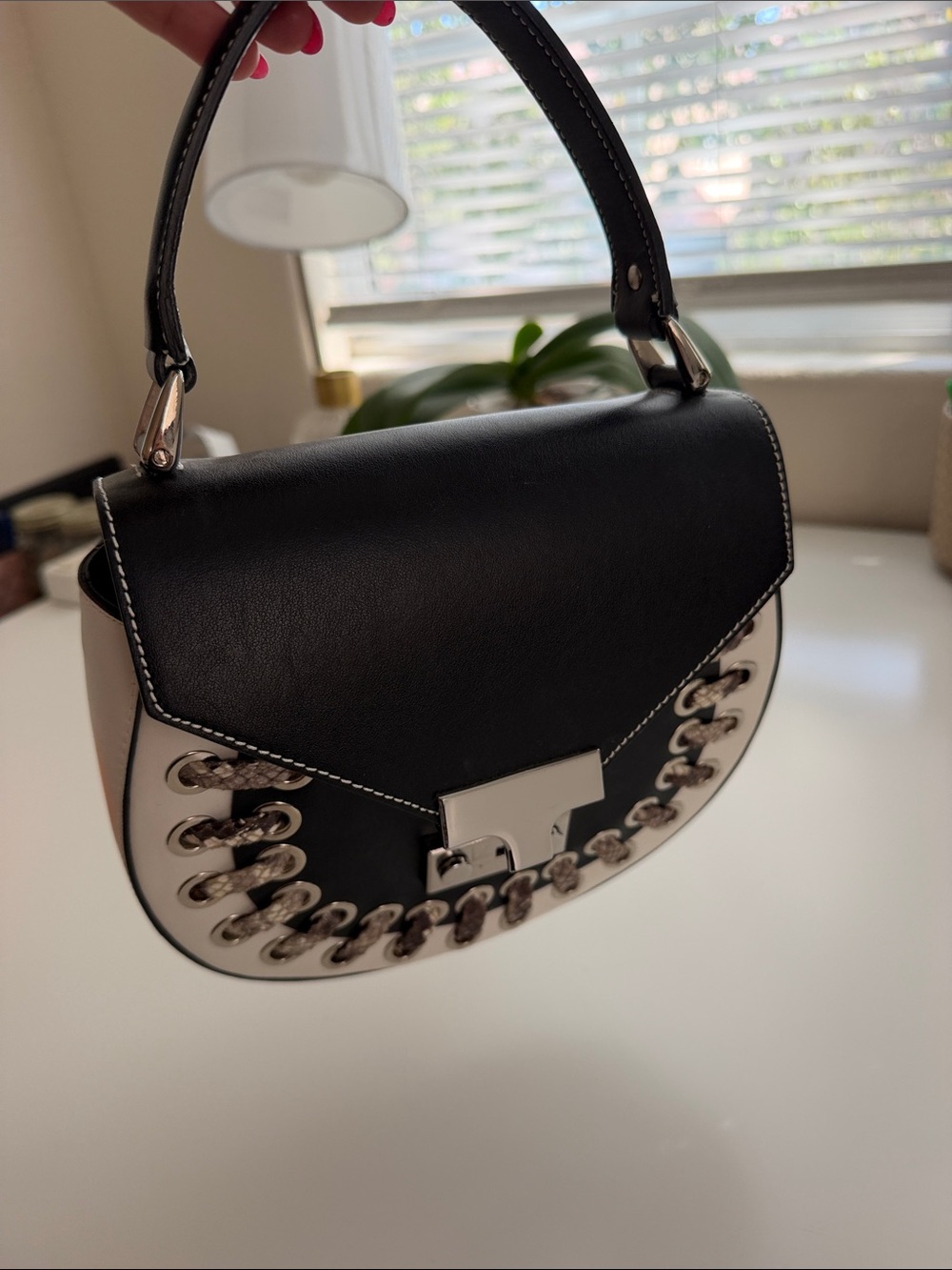 Black and White Top-Handle Chain-Trim Shoulder Bag